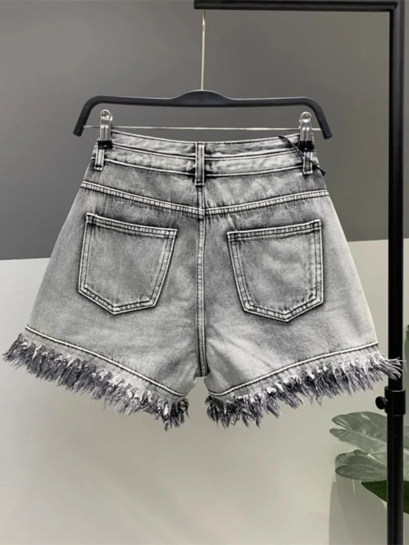 Summer 2024 New Chinese Style Embroidery Wide-Leg Denim Shorts Women's All-Match Loose Slimming A-line Zipper Tassel Booty Pants