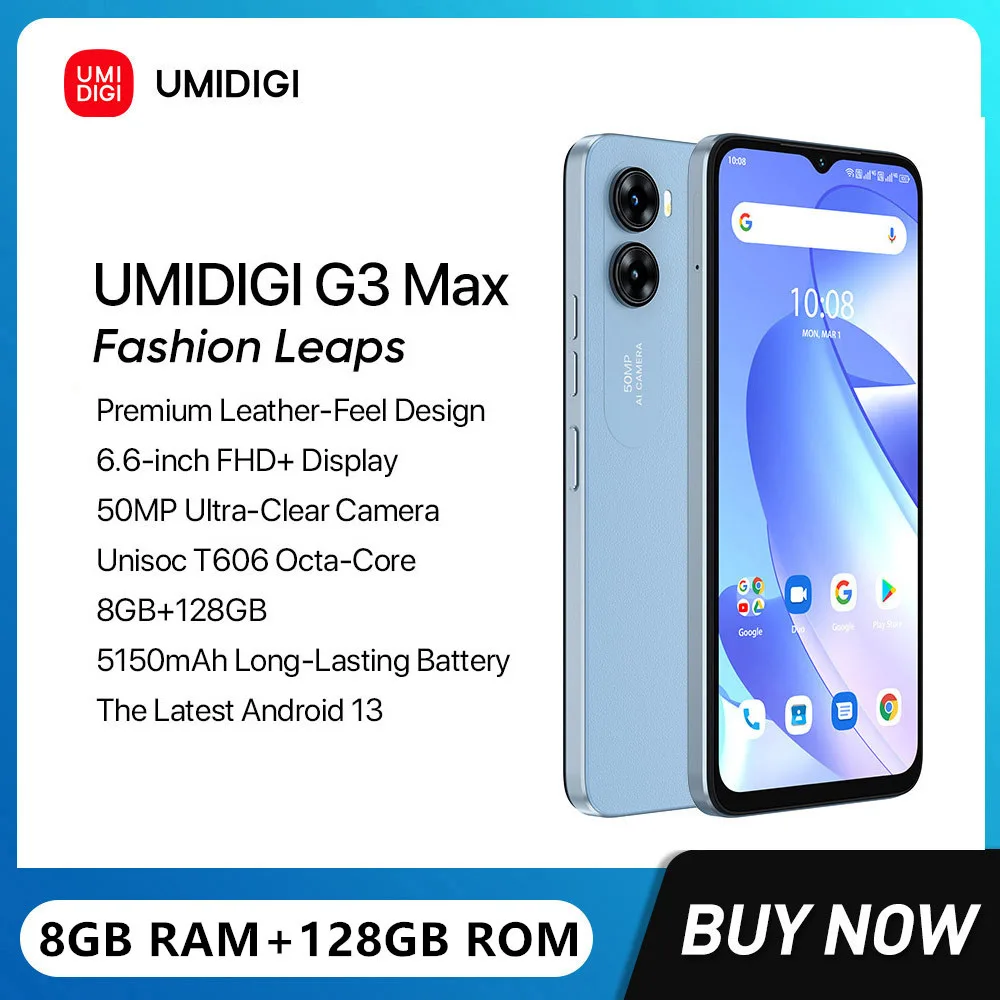 

UMIDIGI G3 MAX Ultra-thin Smartphones Octa-Core 8GB+128GB Android 13 Cell Phone 6.6Inch HD 50MP Camera 5150mAh 4G Mobile Phone