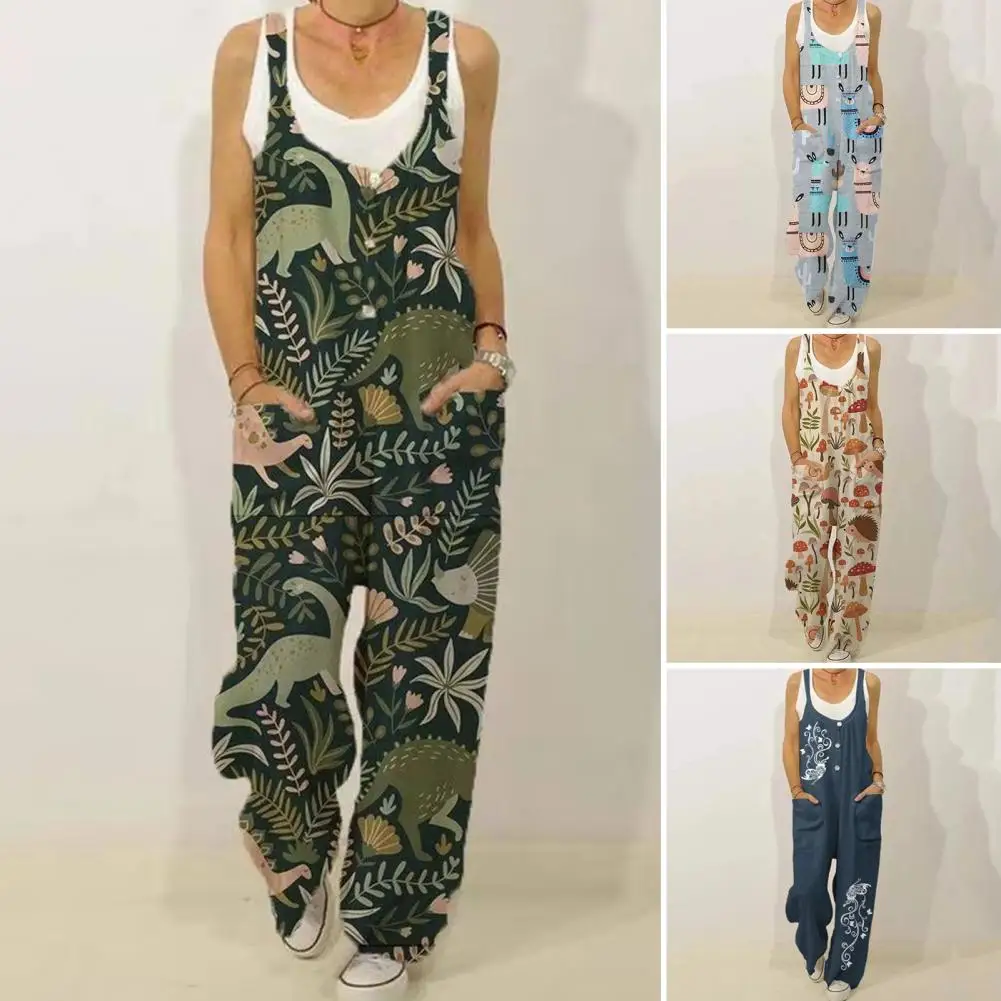 

Women Romper Colorful Print Loose Type Baggy Full Length Deep U Neck Big Pockets Deep Crotch Loose Type Summer Jumpsuit