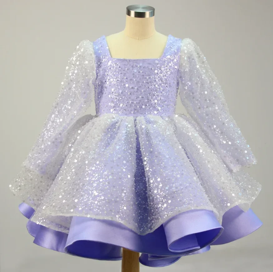 

Layered Puffy Flower Girl Dresses Illusion Long Sleeves Glitter Tulle Ruffles Ball Gown Birthday Dress Girls Prom Gowns