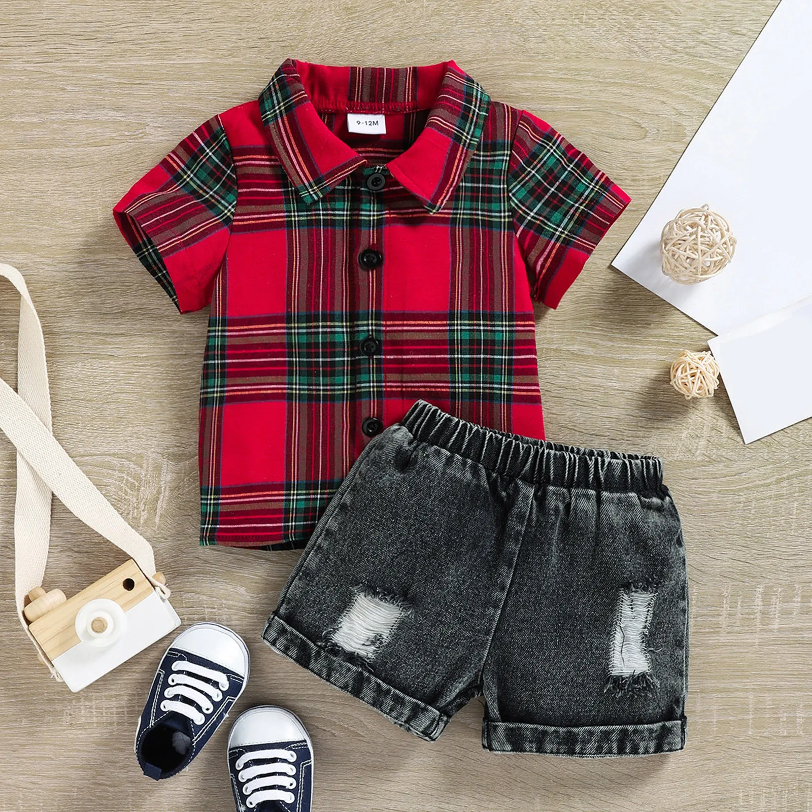 Kids Toddler Baby Girls Spring Summer Plaid Cotton Short Sleeve Shirt Jeans Shorts 6 Month Old Baby Boy Clothes Out Fit