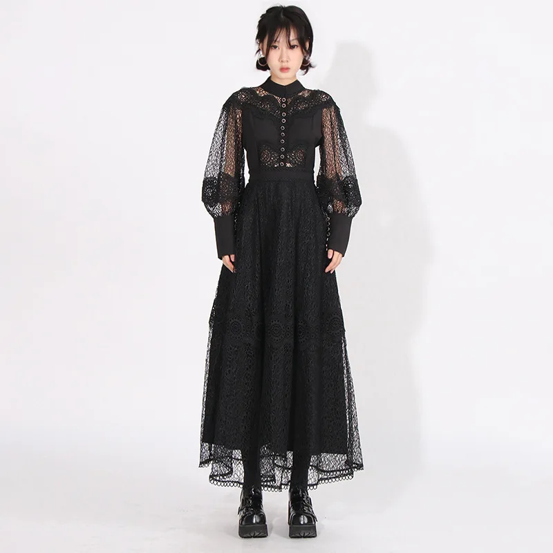 

Stand Collar Solid Hollow Out Patchwork Embroidery Elegant Dresses for Women Lantern Sleeve High Waist Women Summer Dress Female