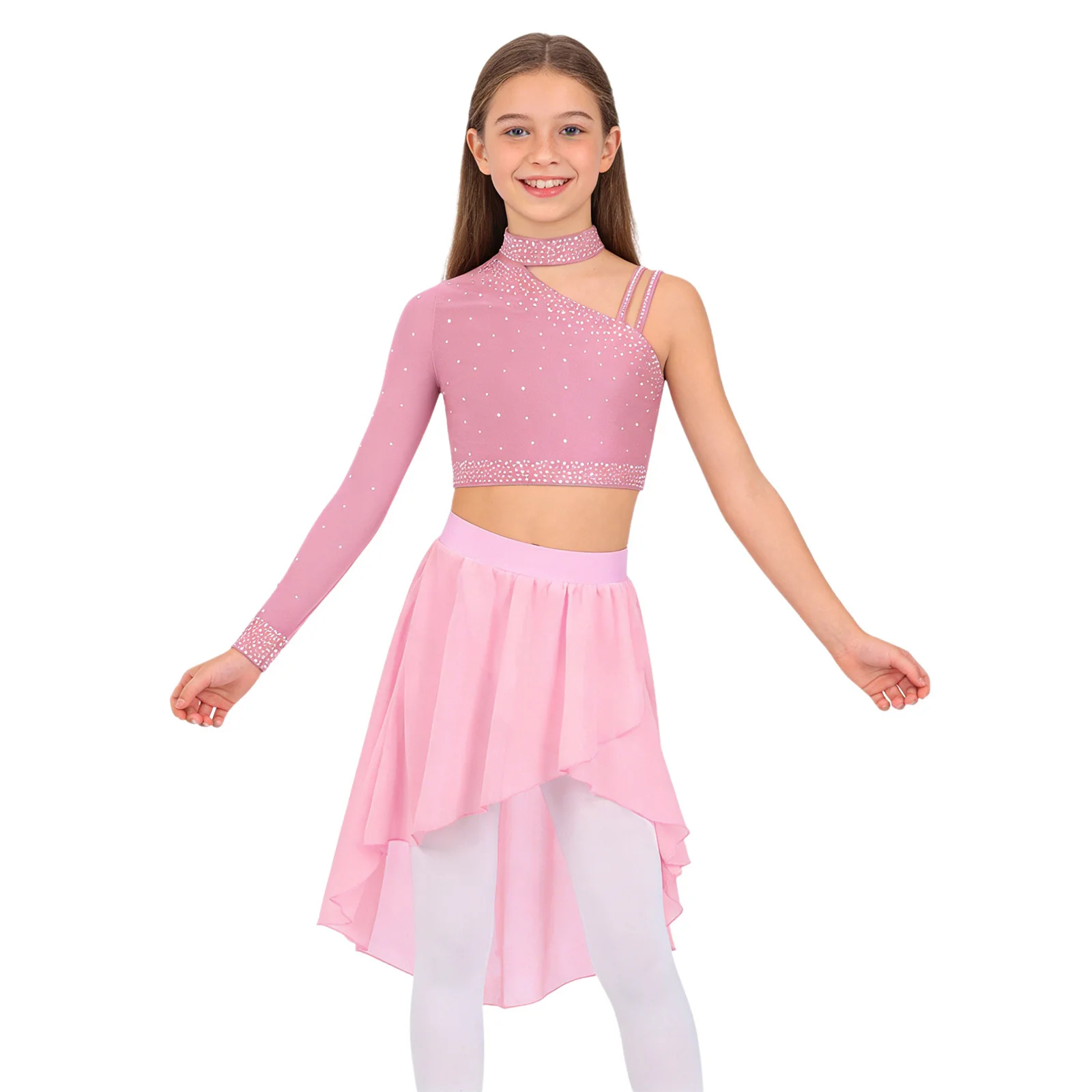 Kinder Mädchen Ballett Lyrical Dance Performance Kostüm Glitzernde Strasssteine Tops Unregelmäßige Schulter Crop Top mit High-Low Rock – Detail 8