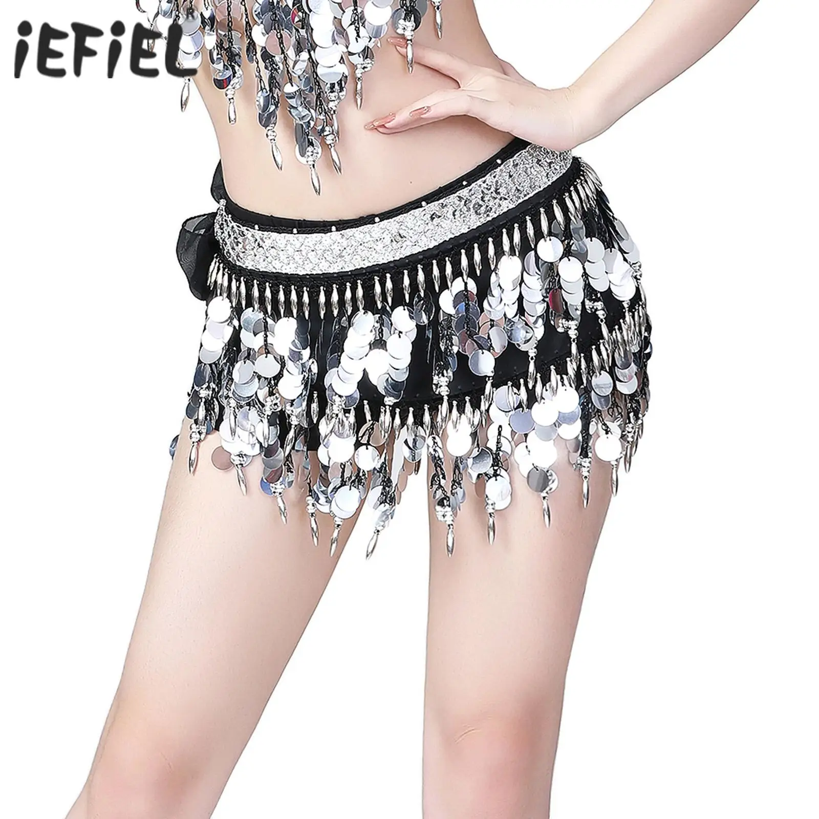 

Belly Dance Belt Costumes for Women Sparkly Sequin Tassel Belly Hip Scarf Wrap Skirt Lace-up Fringe Oriental Belly Miniskirt