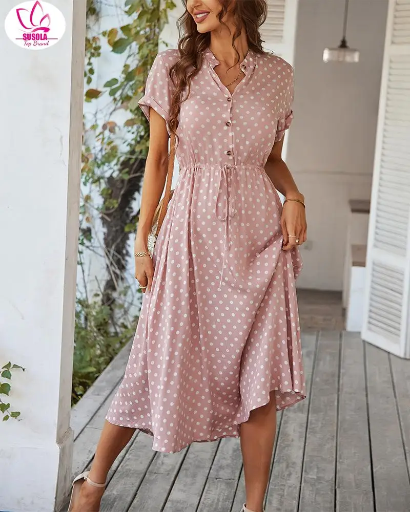 

SUSOLA Ladies Polka Dot Print Shirt Dress Women Casual Midi Holiday Summer Dress Female Loose Beach Dress Sundress Robe Vestidos