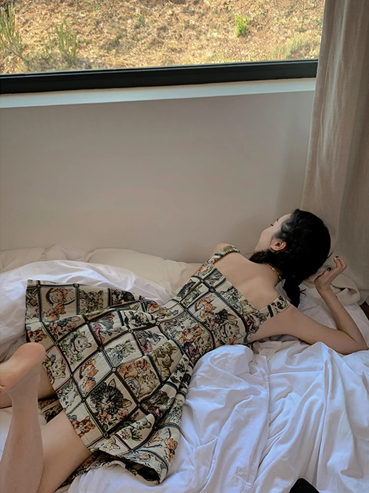 

French Vintage Style Female Retro A Line Bodycon Vest Dress Women New Cat Pattern Printing Puffy Princess Summer Vestidos