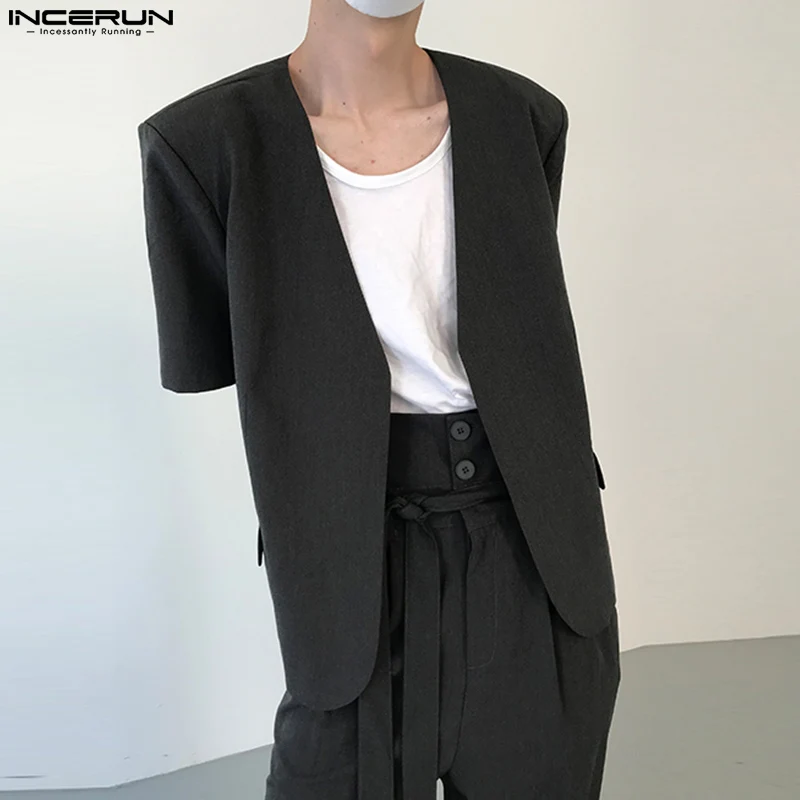 

INCERUN Men Blazer Solid Color V Neck Short Sleeve Open Stitch Casual Suits Men Streetwear Summer 2024 Fashion Male Cardigan