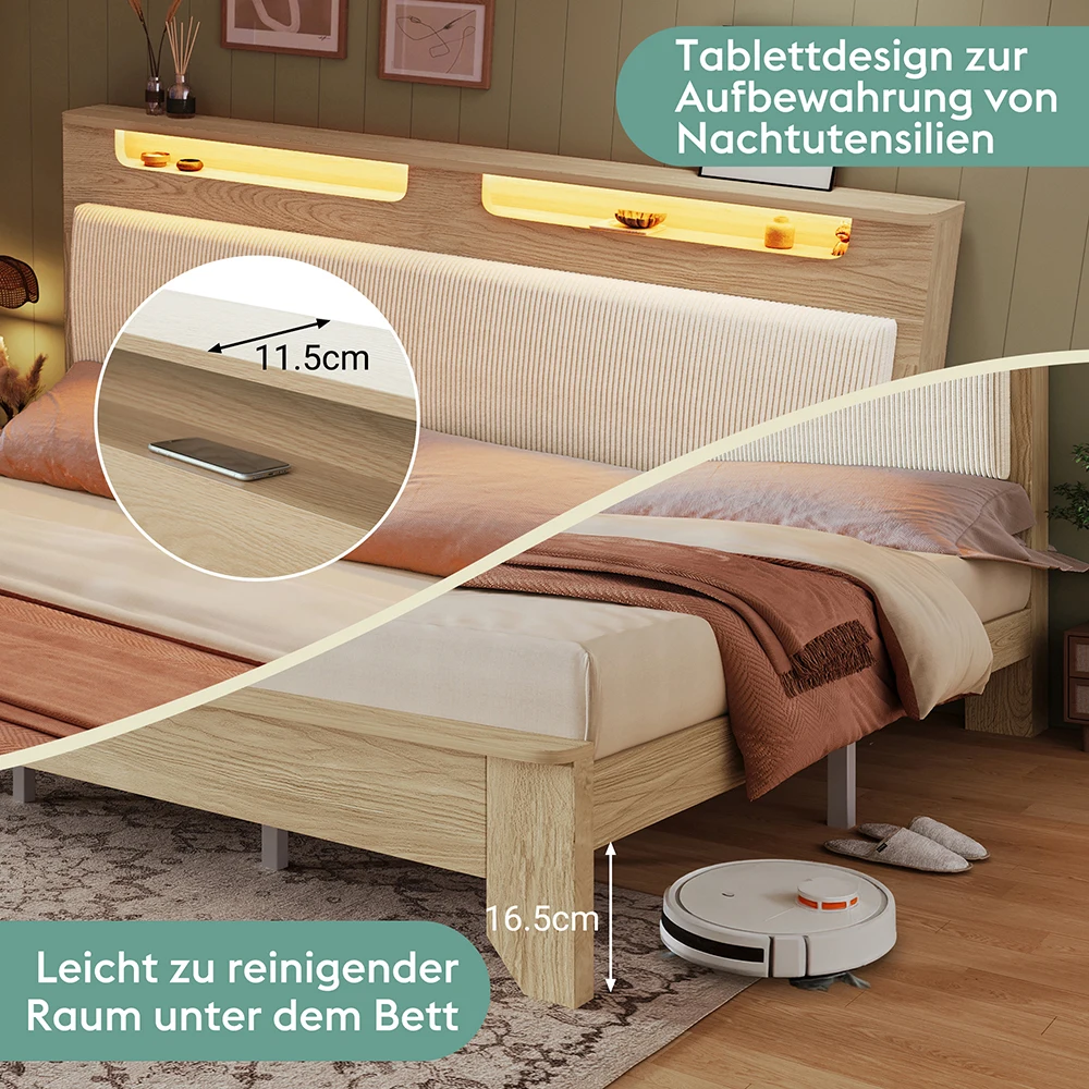 KOMHTOM Holzbett, Kopfteil mit Stauraum LED-Beleuchtung, beigefarbener Cordpolster-Rückenlehne (Mit Matratze) – Detail 4