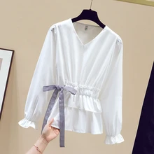 

White Blouse Women V-neck Loose Flare Sleeve Folds Womens Tops 2022 Spring Fashion OL Female Clothes Bowknot Waist Women Blouses
