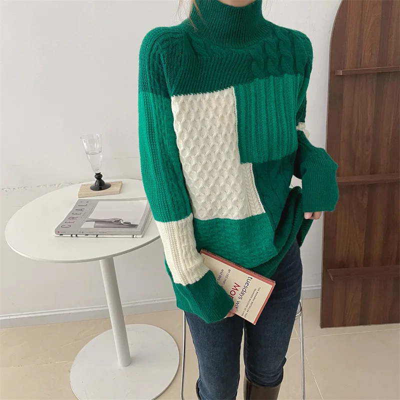 

Loose Knitted Sweater Women 2023 Winter Autumn New Color Matching Casual Plaid Loose Turtleneck Pullover Women Sweater