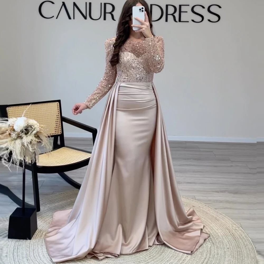 

Carolina O-Neck Champagne Sequined Evening Dresses Women Long Sleeves Backless Satin Wedding Guest Elegant Formal Party Gowns