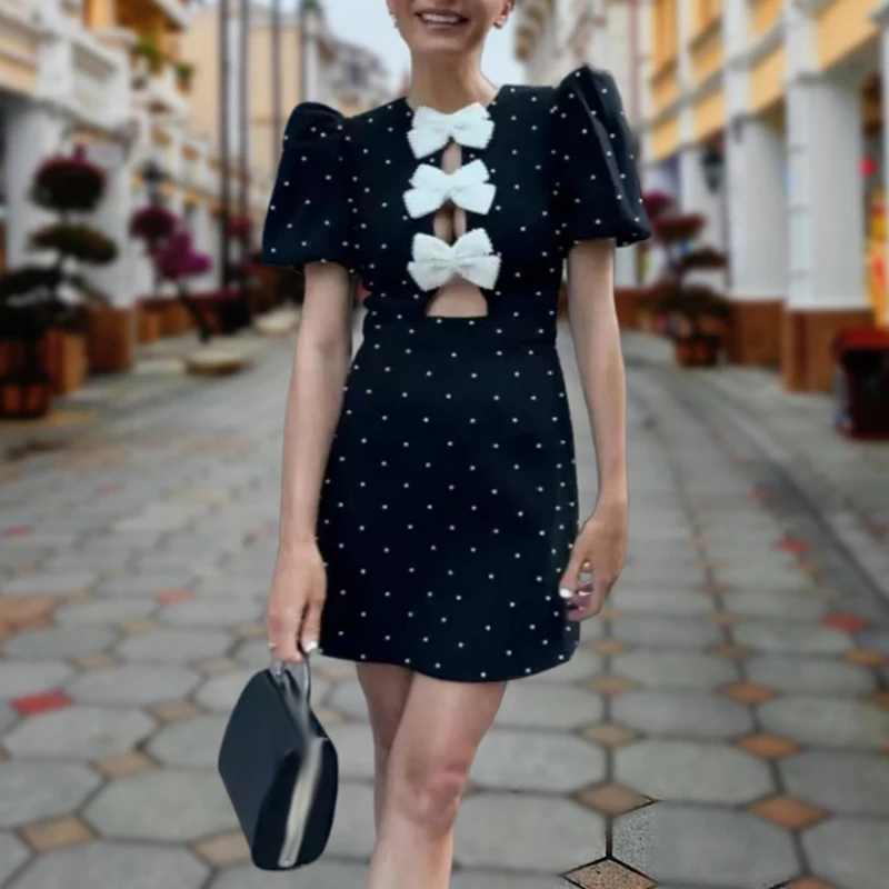 

Sweet Fashion Bowknot Hollow A-Line Party Dress Women Elegant O-neck Slim Mini Dress Summer Puff Sleeve Polka Dot Print Dresses
