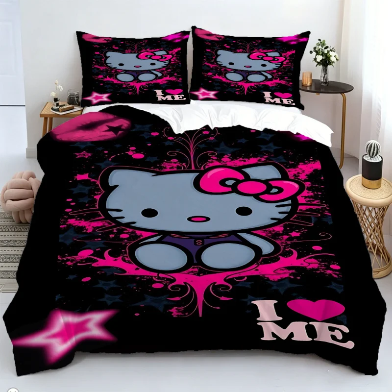 Sanrio Hello Kitty Leopard Print Bedding Set 3pcs King Size Duvet Cover Set Cartoon Cute Bed Linen for Kids Girls Bedroom Decor 3