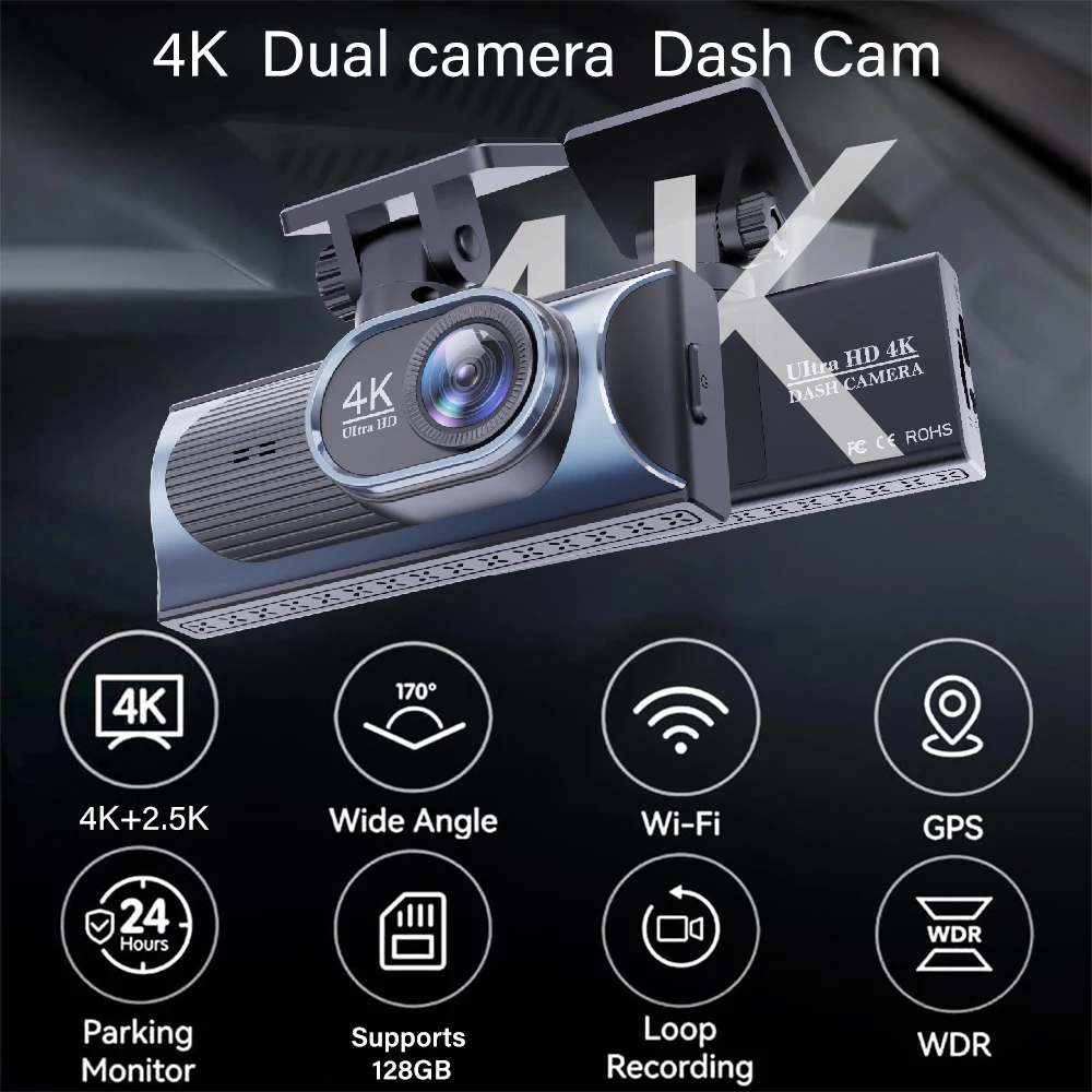 4K+2.5K WIFI GPS Dual Lens Dash Cam Front and rear view camera Car Video Recorder Night Vision 24H Parking Moniting Car DVR
