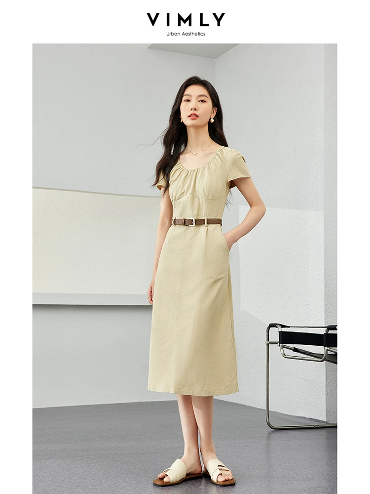 

VIMLY Lyocell U-Neck Safari Style Solid Dress Summer Short Sleeve Vintage Casual Back Slit of Dress With Belts and Pockets 16635
