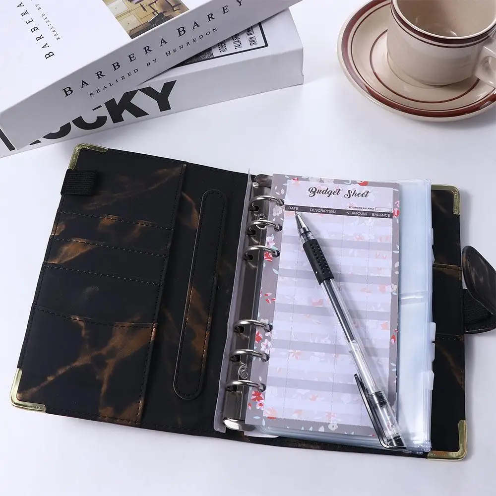 Marble Black Faux Leather A6 Budget Planner Binder With Zipper