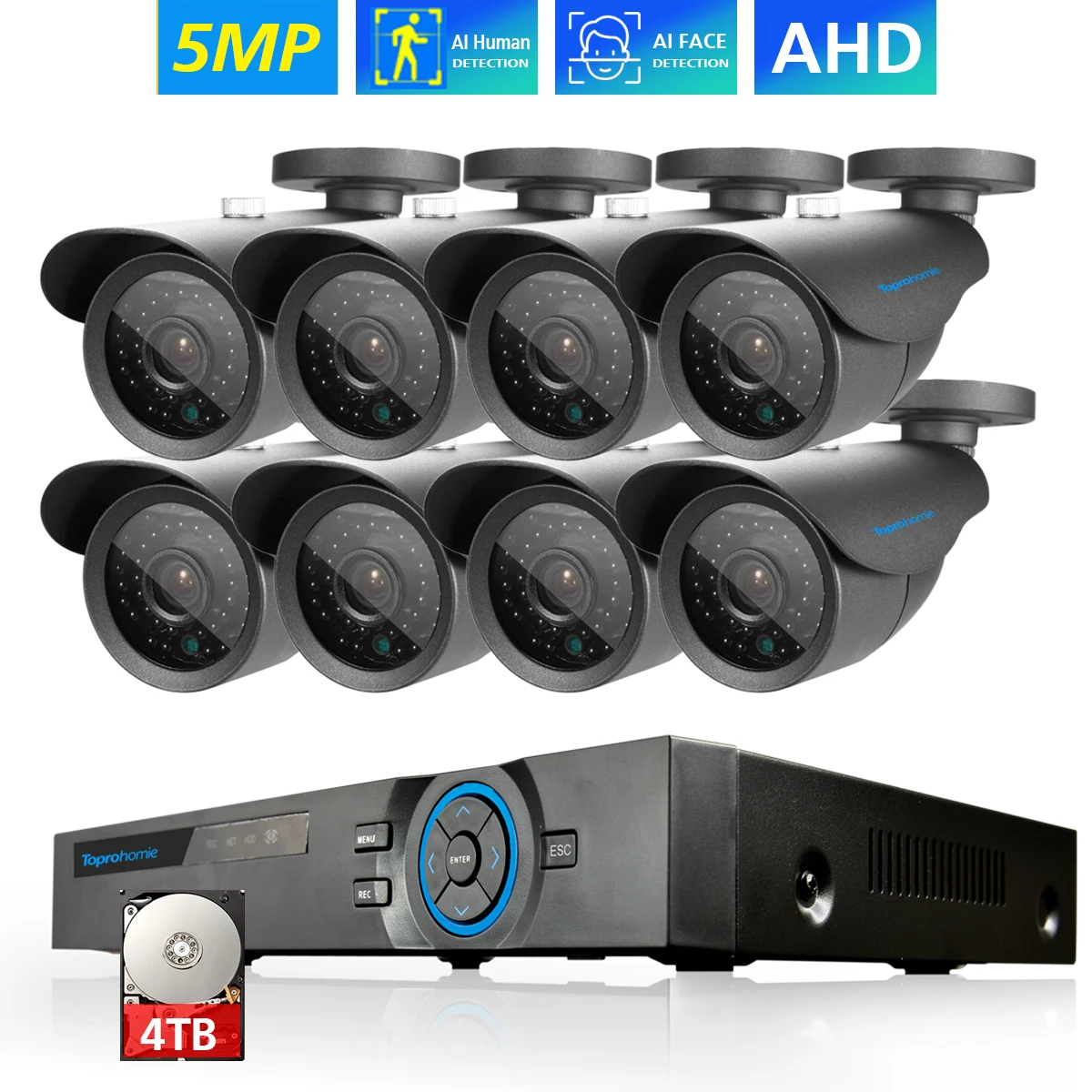 

TOPROHOIME h.265+ 8CH 5MP Security Camera System 1/3'' 5MP outdoor waterproof day night Camera video surveillance CCTV kit