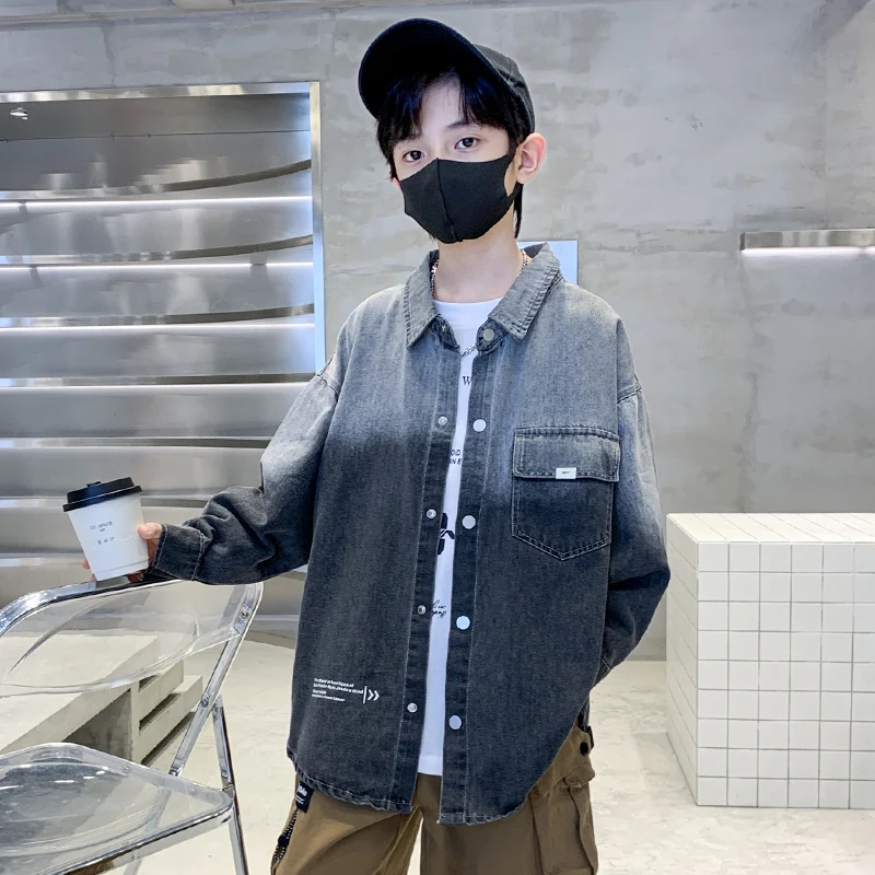 루즈 스타일 그레이 그라데이션 데님 셔츠, 소년 캐주얼 긴팔 블라우스, 십대 어린이 패션 용수철 의류, 겉옷 5-14Y
