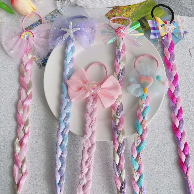 Kids Girl Unicorn Cute Wigs Ponytail Candy Color Cartoon  Butterfly Bow Ponytail Hair Styling Rubber Bands Headwear Braid 4