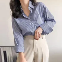AOSSVIAO 2026 Blouse Classique Rayée Femme Printemps Automne Chemise Ample à Col Montant et Manches Longues Lanterne Blusas Tops 4