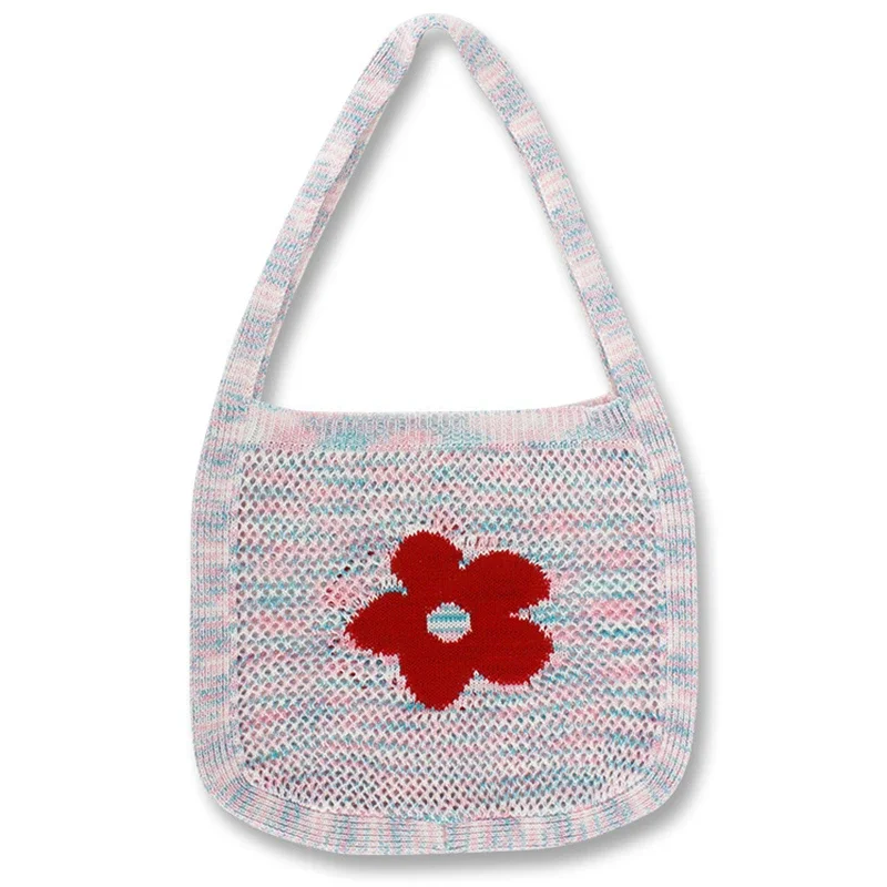 Femminile Coreano Ins Trend Hyun A Style Crochet Nonna Net Eyelet Handbag Estetica Cottage Gilr Floral Knitted Soft Slouchy Bag