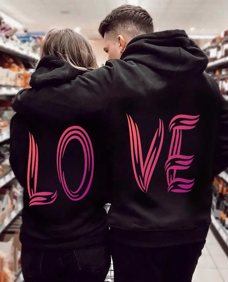 

Casual Couple Hoodies Solid Color Women Men Matching Clothing Set Lover Hoodies Sudaderas Print Love Heart Couple Sweatshirt