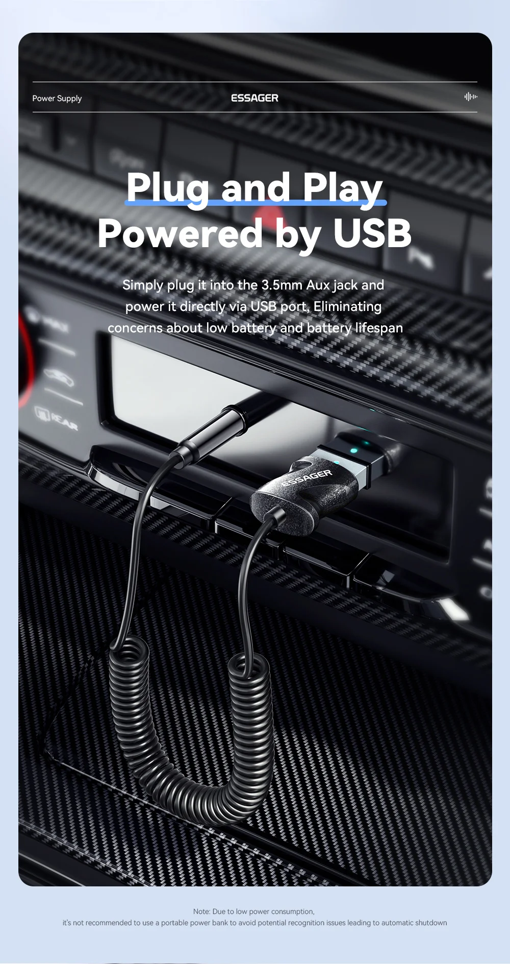 Essager Bluetooth 5.0 Aux Adapter Wireless Car Bluetooth Receiver USB to 3.5mm J