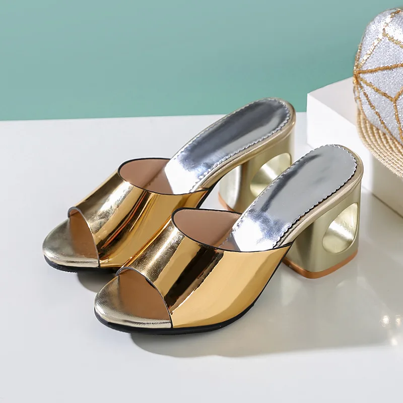 Summer Slippers Women Block High Heels Mules Shoes Fashion Luxury Gold Silver Slides Causal Sandals Ladies Large Size 45 48