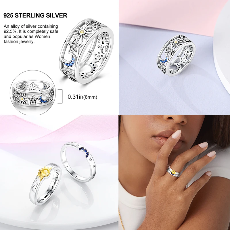 925 Sterling Silver Ring Pink Heart Blue Sun Star Moon Crossover Wide Rings Women Party Birthday Jewelry Silver Gift silver ring