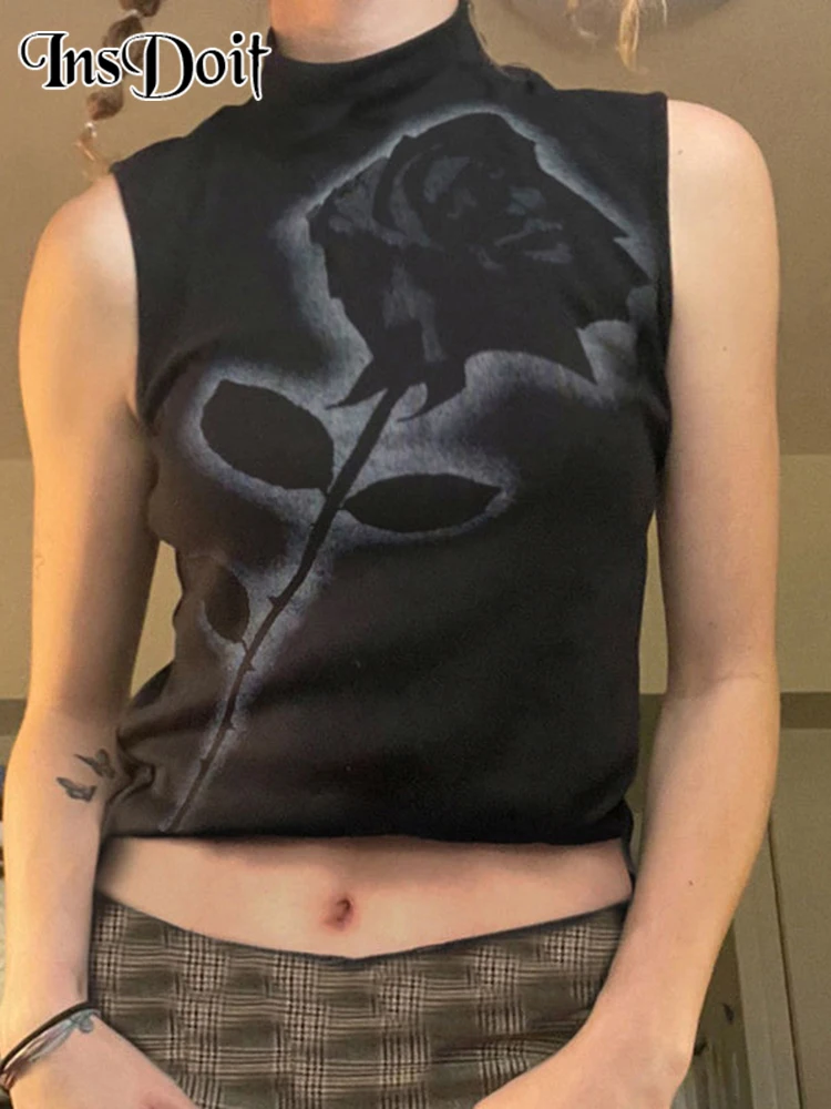 

InsDoit Gothic Dark Rose Print Dark Tank Tops Harajuku Streetwear Casual Bodycon Basic Tanks Women Punk Chic Sleeveless Crop Top