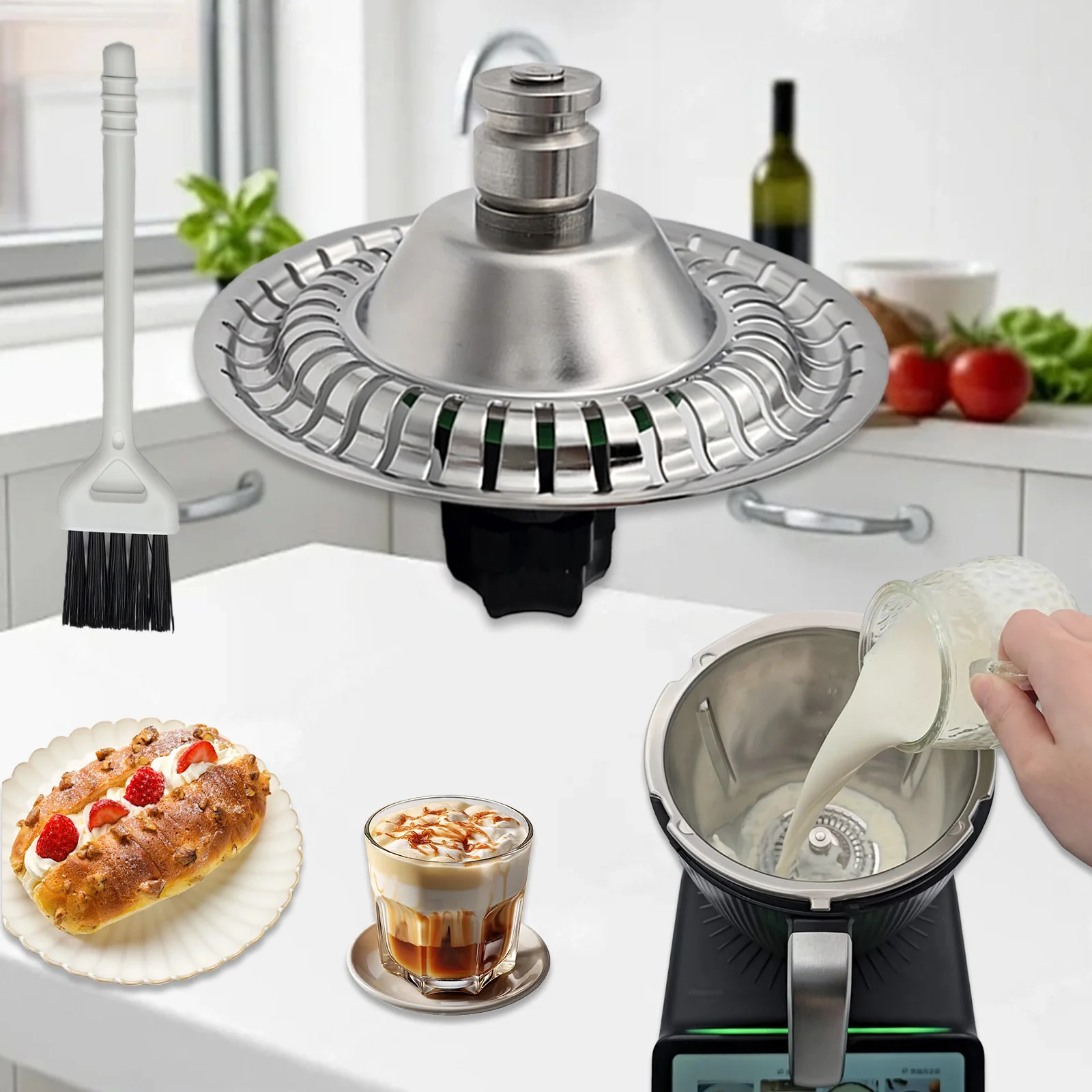 Milk Frother Attachment Compatible With Thermomix TM7  For Hot & Cold Foam-Cappuccino-Latte Art-Milkshakes-Dessert Baking
