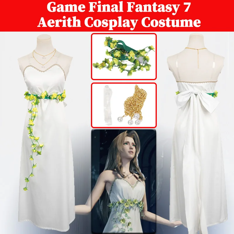 

FF7 Aerith Cosplay Costume Game Final Fantasy 7 Disguise Dress Necklace Adult Women Fantasia Outfits Halloween Carnival Suit