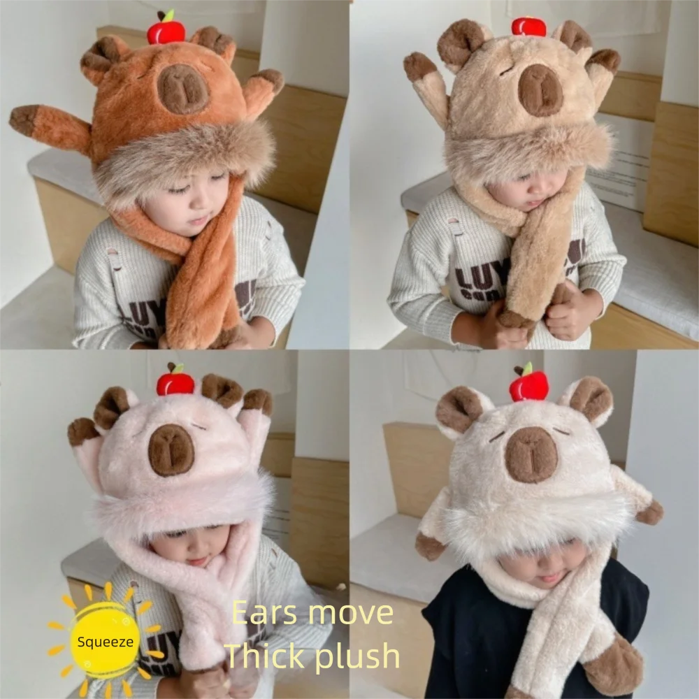 New Cute Capybara Warm Hat Windproof Cold Proof Ear Protection Cap with Movable Ears Hooded Hat Scarf Children