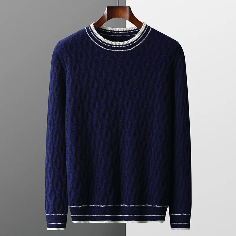 Autumn and winter men's O-neck sweater black and white stripes contrast thick sweater 100% wool sweater knit bottoming shirt 5