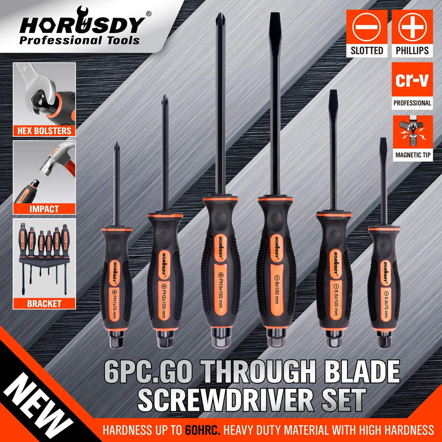 HORUSDY 6Pc Thru Screwdriver Set Hammer Impact Hex Magnetic Tips Rubber Grip Handle CRV