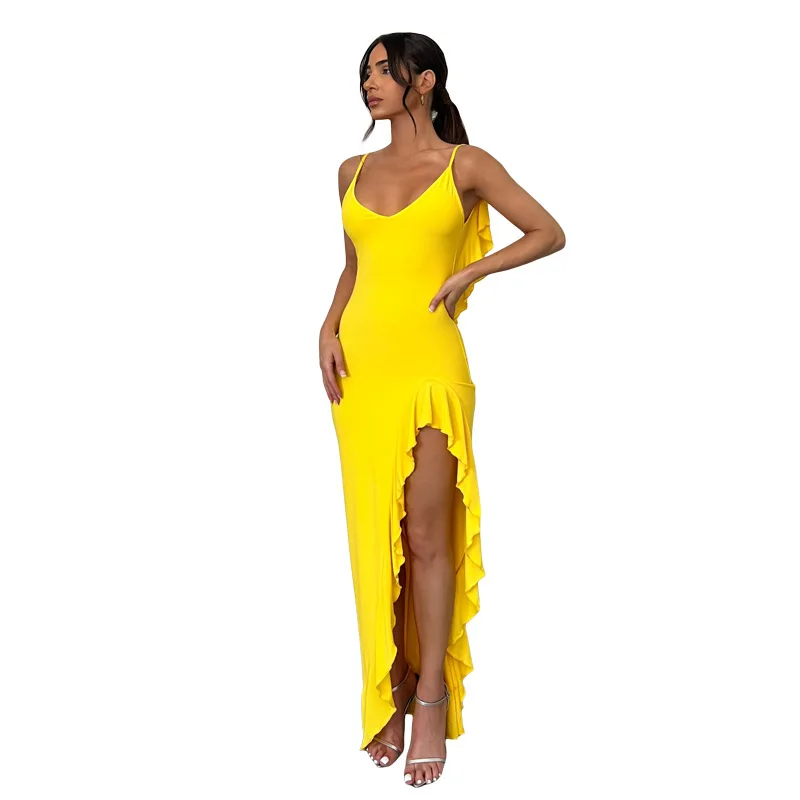 

V Neck Ruffles Long Dress Summer Backless Sleeveless Sexy Split Pleated Beach Fashion Slim Party Club Sling Dresses for Women