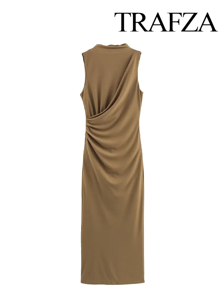 TRAFZA 2025 Spring Women Fashion Midi Dresses Split Hem O-Neck Sleeveless Fold Decorated Dress Solid Back Zipper Retro Dresses 4