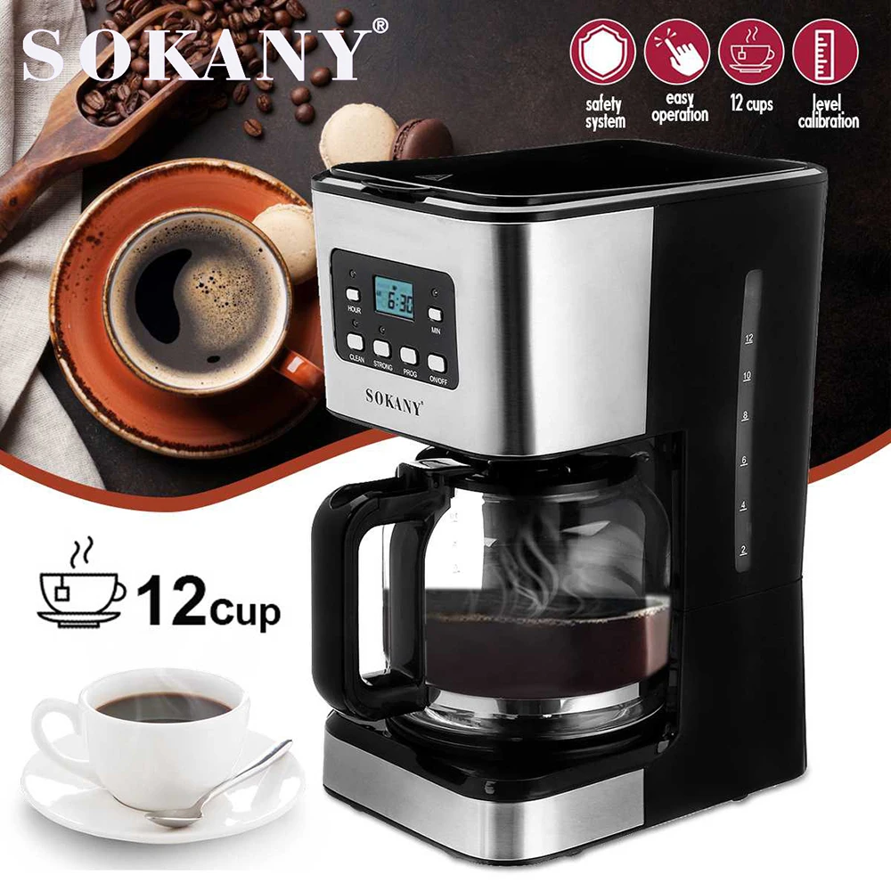 Sokany American Drip Coffee Maker Machine With Glass Carafe 950w 12