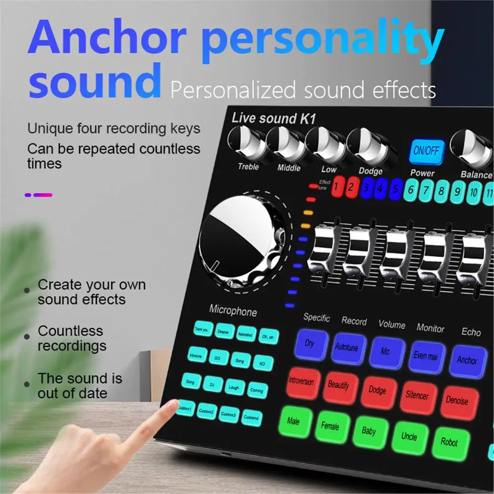 K1 Audio Mixer Live Sound Card Voice Changer Karaoke for Broadcast Recording KTV Music Audio Multifunctional Live Sound Card