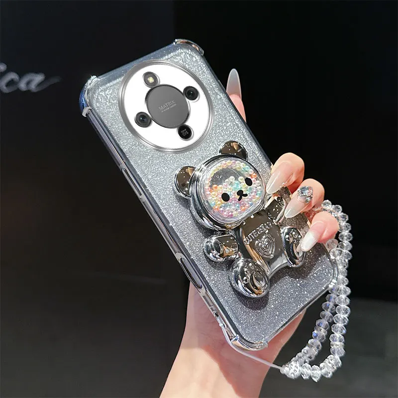Stoßfeste Handyhülle mit 4 Ecken und niedlichem 3D-Bärenständer, Kristallketten-Lanyard, transparent, für Honor Magic8 Lite X9d X70, Rückseite – Detail 12