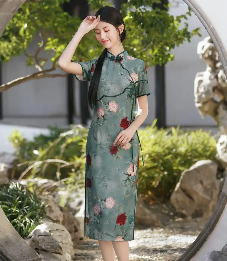 

Elegant Print Qipao Women Slim Cheongsam Chinese Style Dress Vintage Mandarin Collar Vestidos Female Party Banquet Gown Clothes