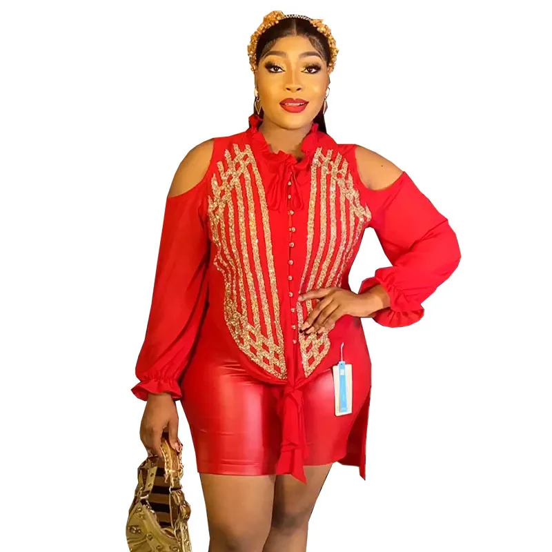 

2 Piece Set African Clothes for Women Dashiki Summer African Long Sleeve Tracksuit Polyester Sequined Tops & Pants Matching Sets