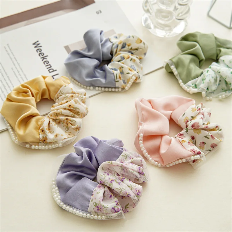 New Woman Color Matching Floral Satin Scrunchies Hairband Girls Pearl Rubber Band Lady Hair Ties Ponytail Holders Ornaments