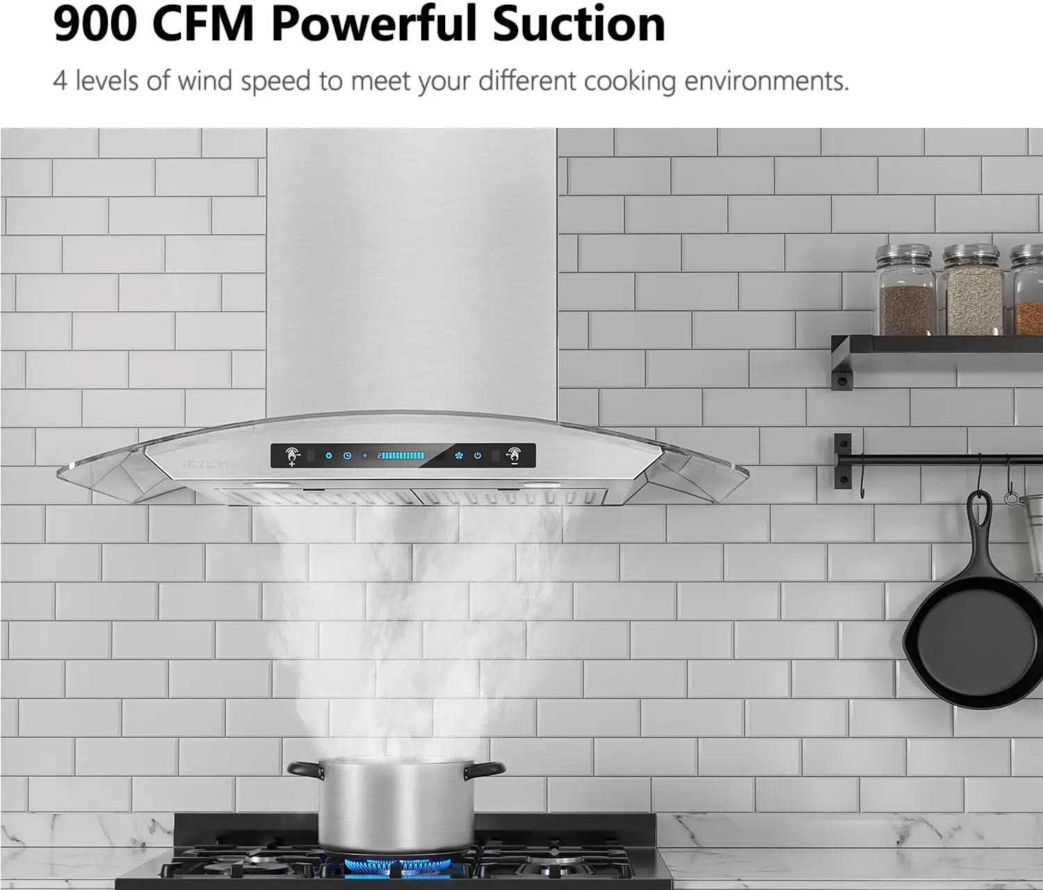30-inch Wall Mount Range Hood Tempered Glass , Vent Stainless Steel with Gesture Sensing & Touch Co 2
