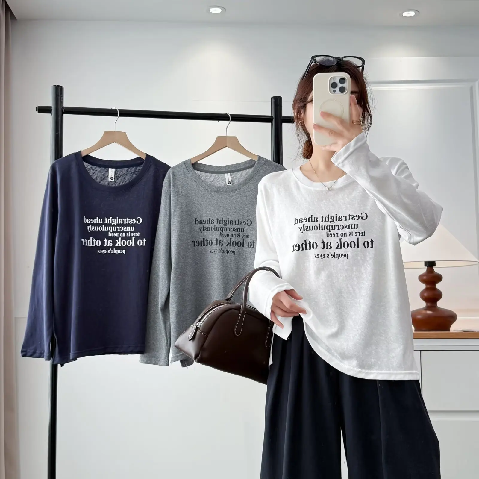 Fashion Plus Size Women's T-Shirt Autumn New Style Basic Casual Printed Letter Long Sleeve Thin Tops 2559