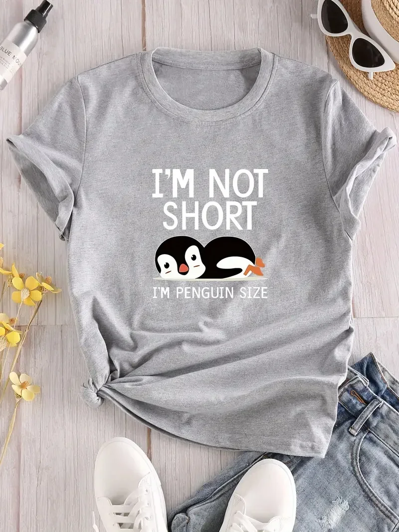 Im Not Short Im Penguin Size Letter & Animals Print T-Shir Crew Neck Short Sleeve T-Shirt Casual Every Day Tops Shirts For Women 6