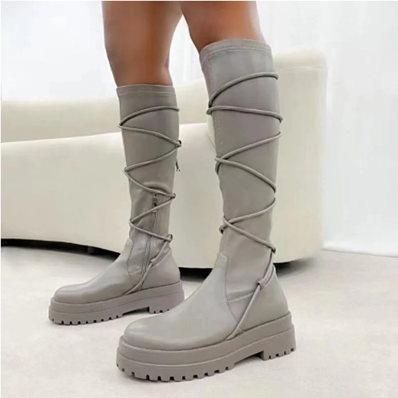 Platform Shoes Women's Cross Lace Up Boots Women's Leather Zapatos De Mujer New Botas Mujer Knee Women's Shoes Solid Platform