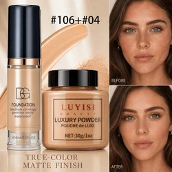 Complete Facial Beauty Set: Matte Loose Powder & Waterproof Foundation - High - Coverage, Long - Lasting, Oil Control (Set 4)
