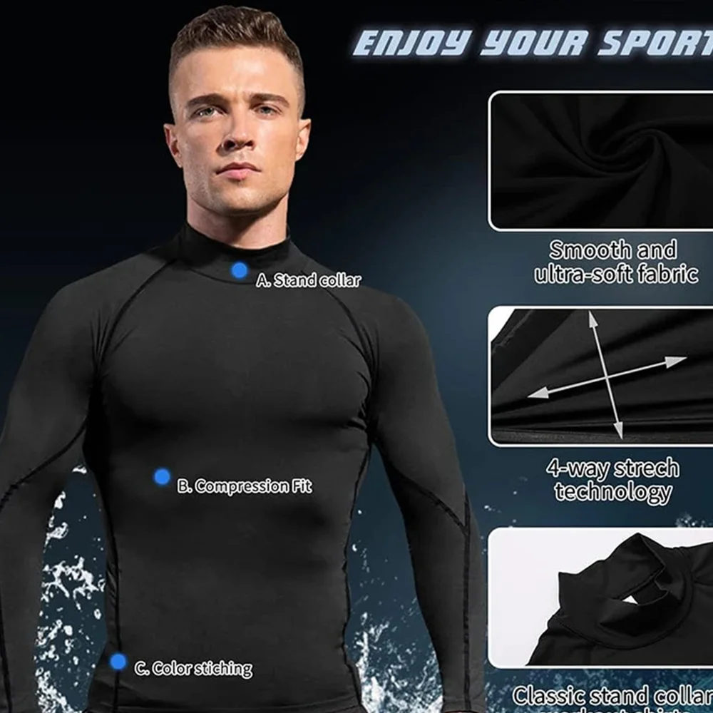 T-shirt sportiva da uomo a collo alto, ad asciugatura rapida, per bodybuilding e corsa, a maniche corte, compressione, top da palestra, fitness, aderente. - immagine 4