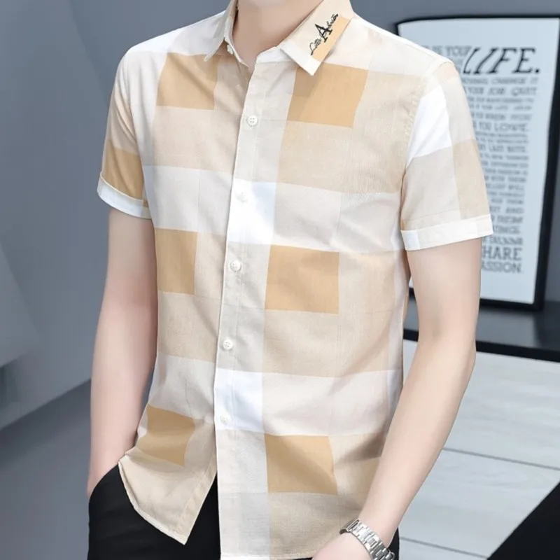 Summer Men Short-sleeved Shirt Korean Version Slim Fashion Handsome Casual Plaid Shirt High Quality Top